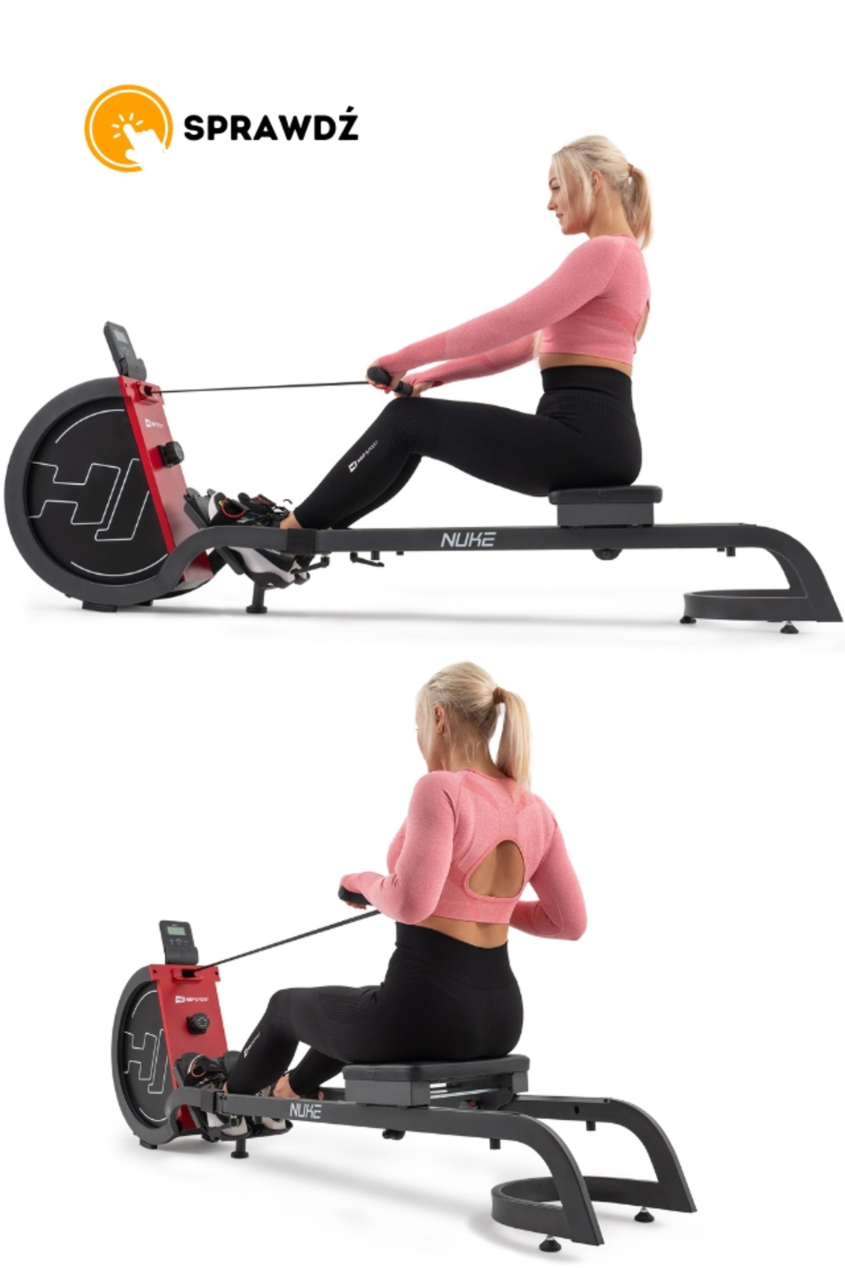 modelka ćwicząca na wioślarzu magnetycznym HS-070R Nuke czerwonym marki Hop-Sport
