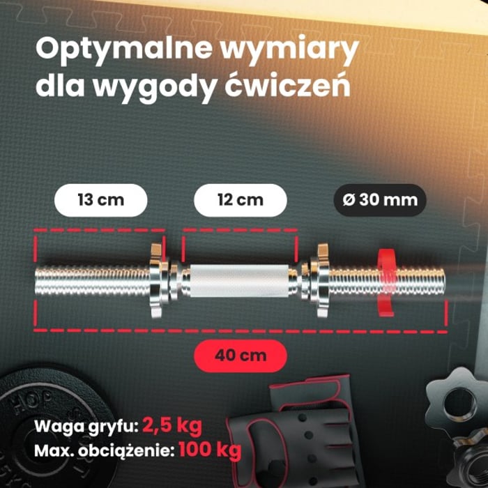 Wymiary gryfu 40 cm ze stali chromowanej marki Hop-sport o średnicy 30 mm