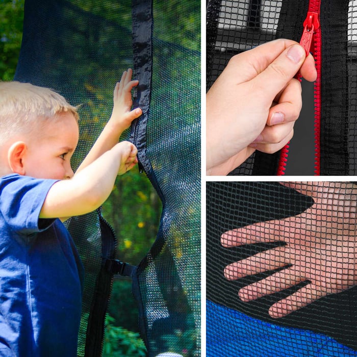 Dziecko zapinające zamek w trampolinie ogrodowej marki Hop-sport w kolorze niebieskim