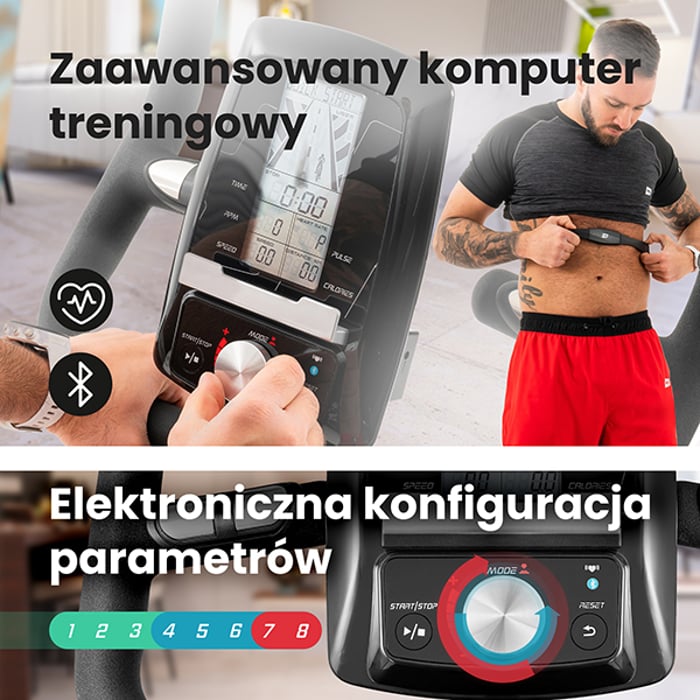 Rower spinningowy HS-065IC Delta wyposażony w komputer treningowy z wyświetlaczem i kompatybilny z pasem telemetrycznym