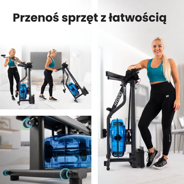 wioślarz treningowy HS-160WR Hydro wyposażony w rolki transportowe ułatwiające przemieszczanie wioślarza