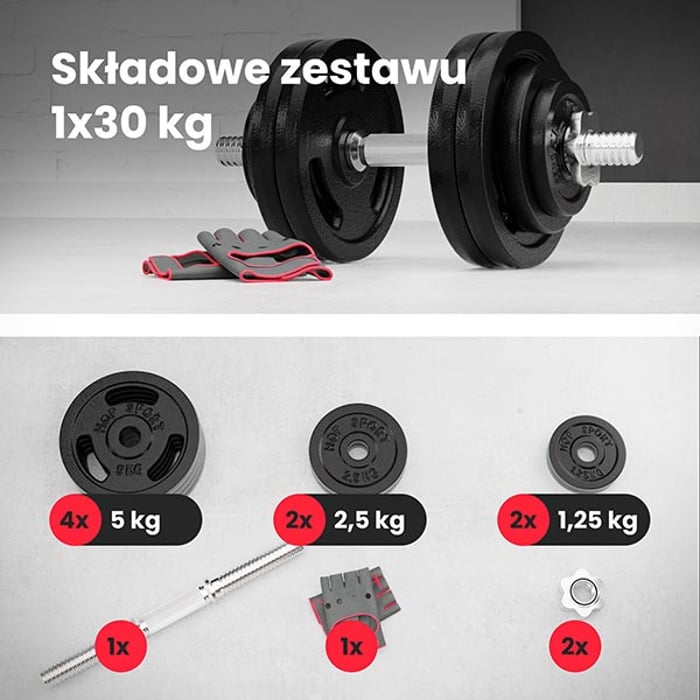 Zawartość hantli hop-sport 30 kg, 8 obciążeń żeliwnych,  gryf, rękawiczki neoprenowe 