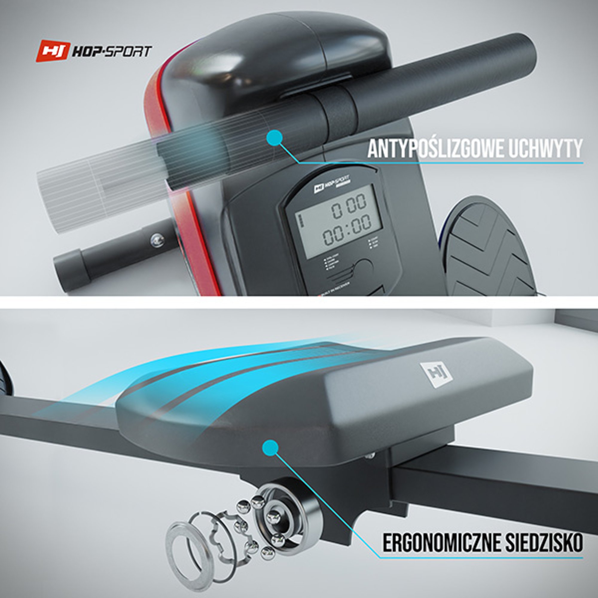 Wioślarz treningowy HS-030R Boost posiadający wygodne siodełko oraz piankowy uchwyt