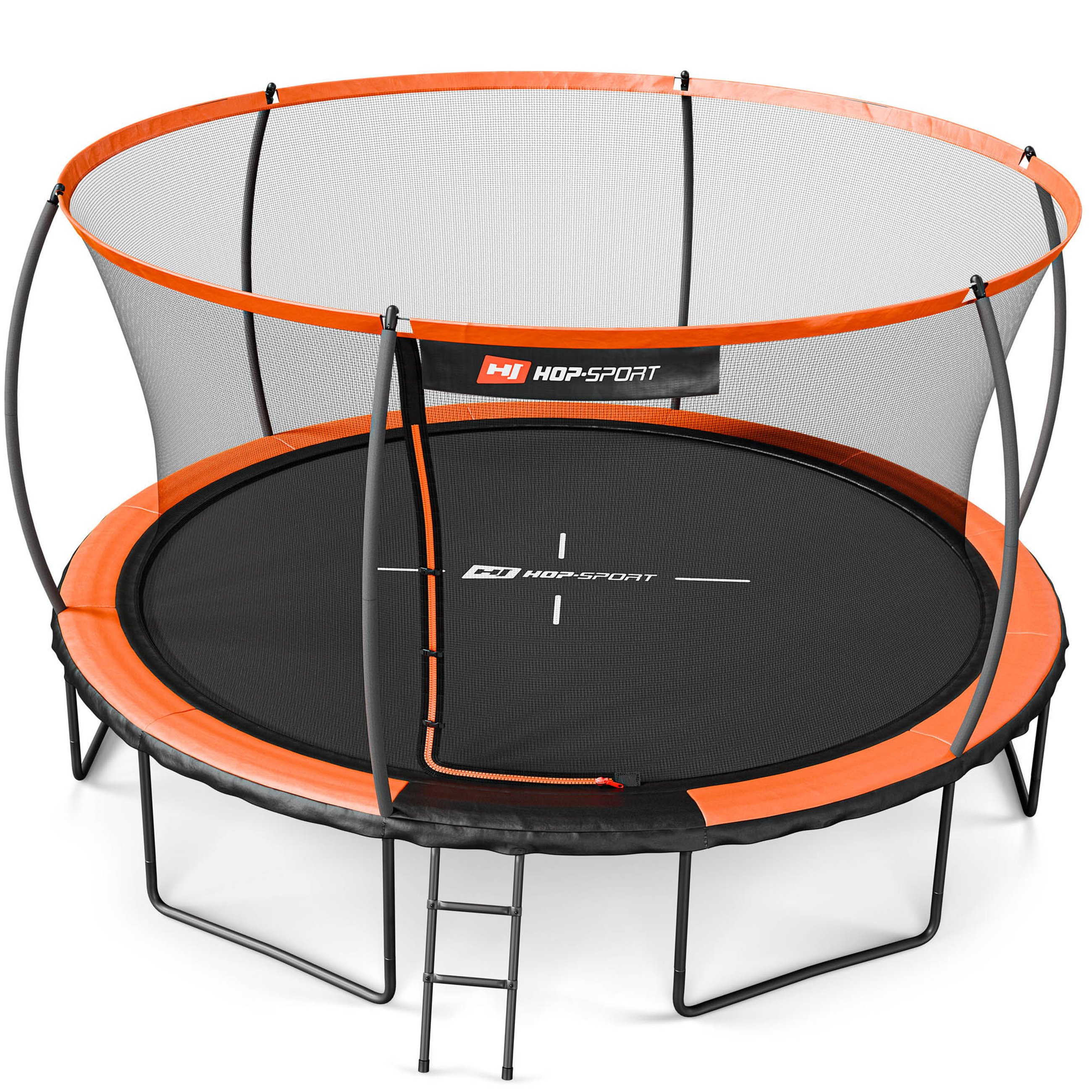 Trampolina Hop-Sport 14ft pomarańczowo-czarna, idealna do skakania na świeżym powietrzu, z certyfikatem bezpieczeństwa.