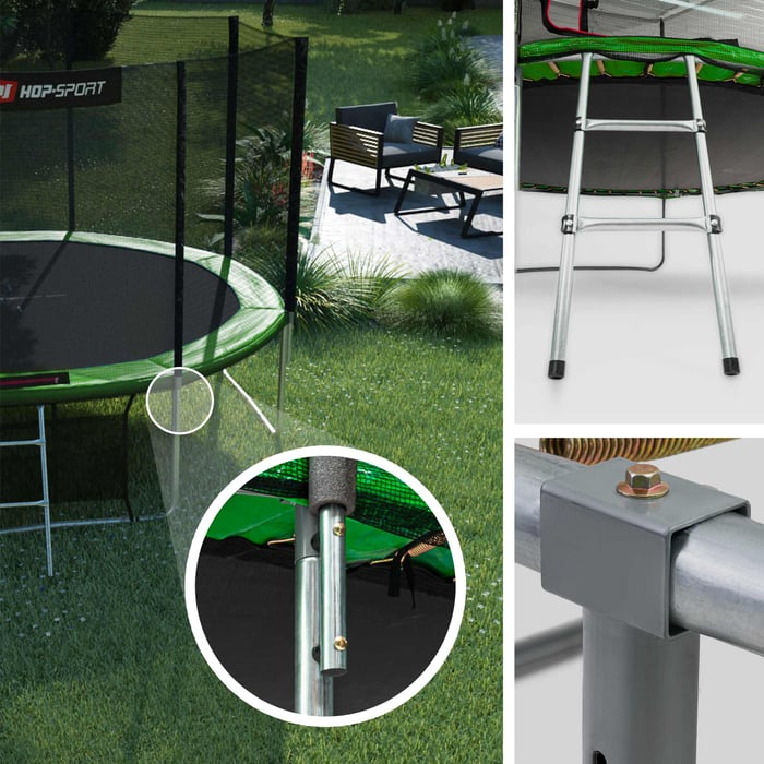 Konstrukcja trampoliny ogrodowej z siatką zewnętrzną marki Hop-sport w kolorze zielonym