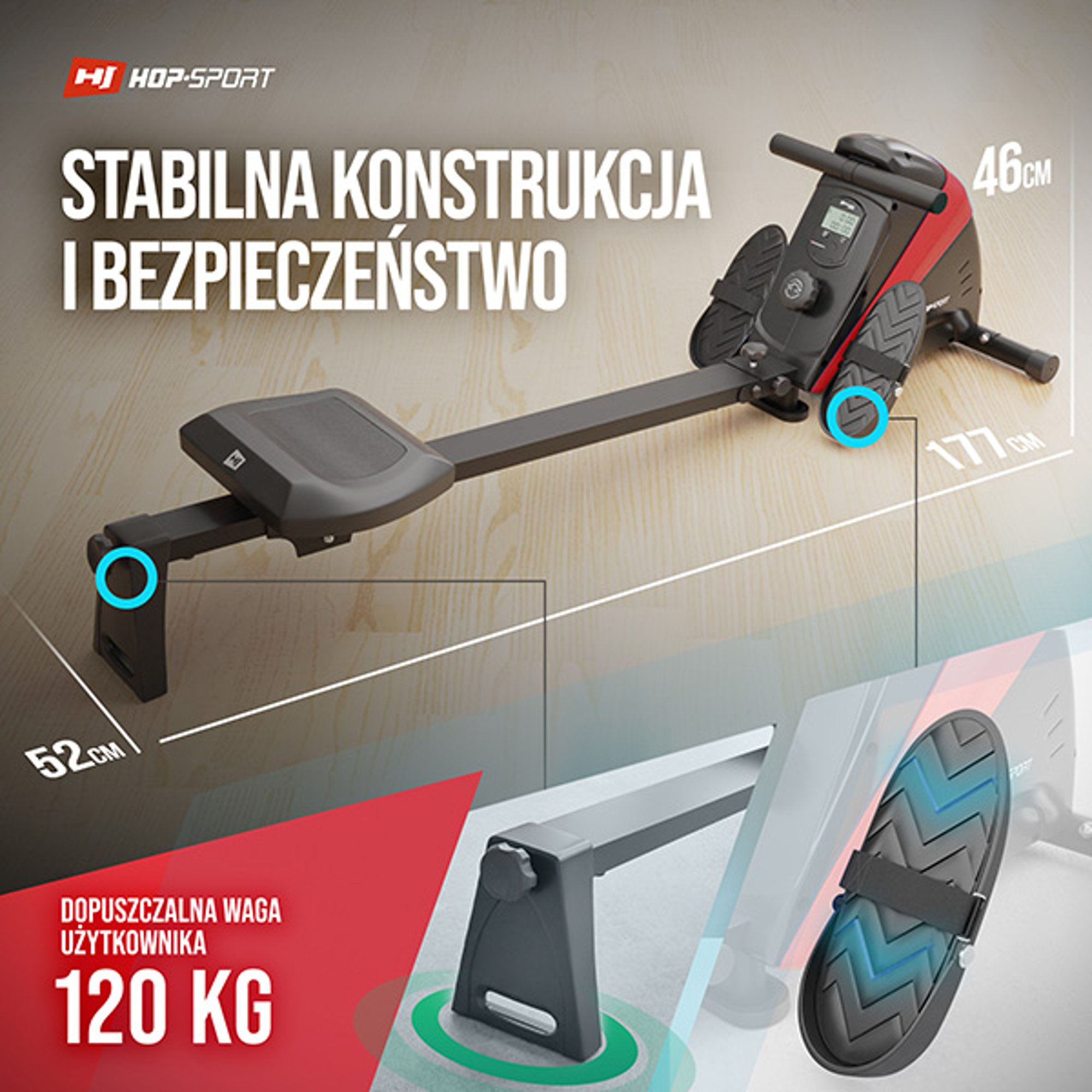 Wioślarz treningowy HS-030R Boost posiadający platformy z antypoślizgową powierzchnią i z paskami zabezpieczającymi