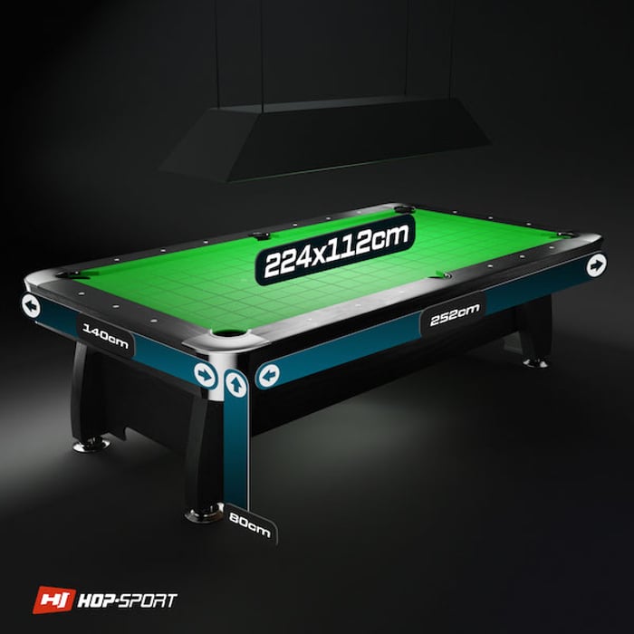 Dane techniczne stołu bilardowego Vip Extra 8ft czarny z zielonym suknem Hop-Sport