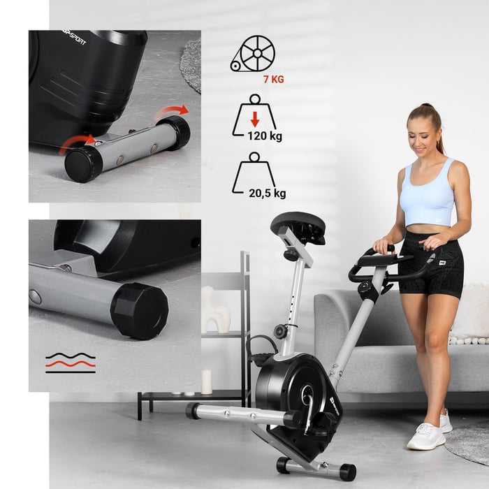 Rower magnetyczny HS-2050H Sonic srebrny wyposażony w rolki transportowe