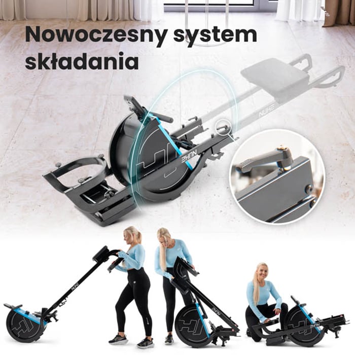 innowacyjny i kompaktowy system składania w wioślarzu treningowym hop-sport HS-075R nuke niebieskim