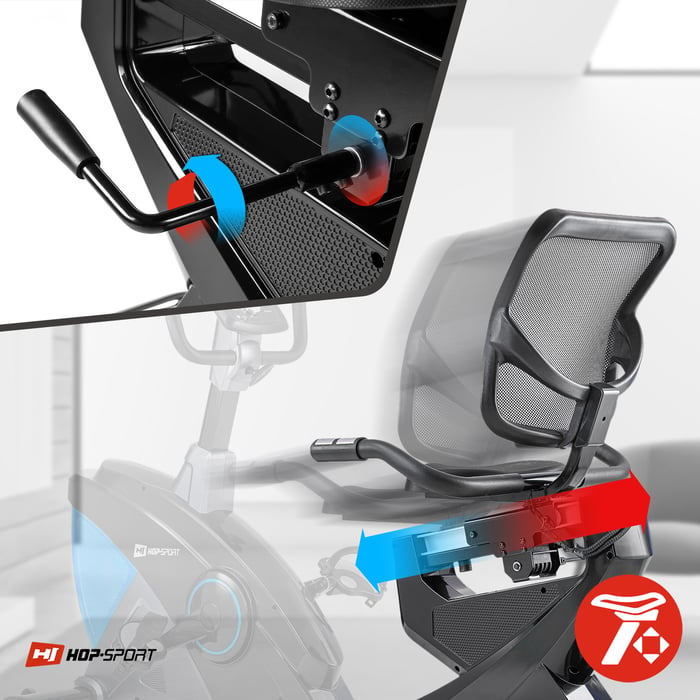 Rower leżący Hop-Sport HS-070L Helix czerwony wyposażony w wygodne i regulowane siedzisko